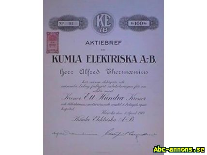 Aktiebrev Kumla Elektriska AB 1919